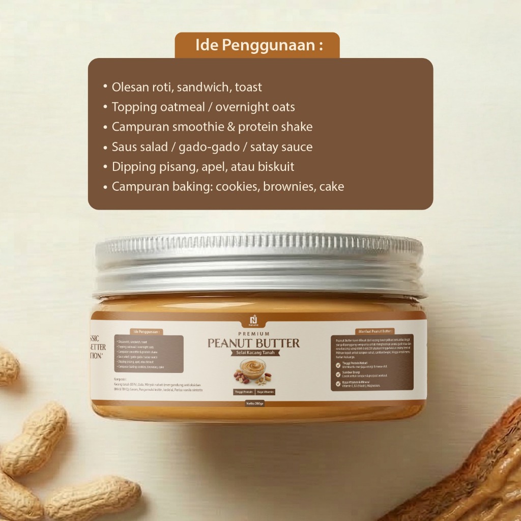 NATURIST Peanut Butter 280gr Creamy Selai Kacang Tinggi Protein Lemak Sehat Tanpa Pengawet Premium