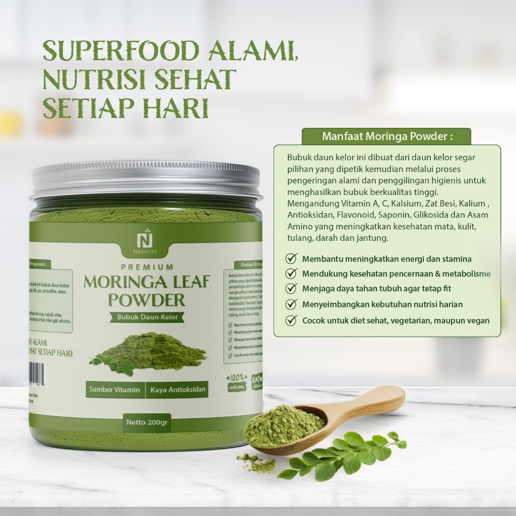 NATURIST Bubuk Daun Kelor Murni Organik Moringa Powder Pure Premium Alami Kelor Bubuk 200gr
