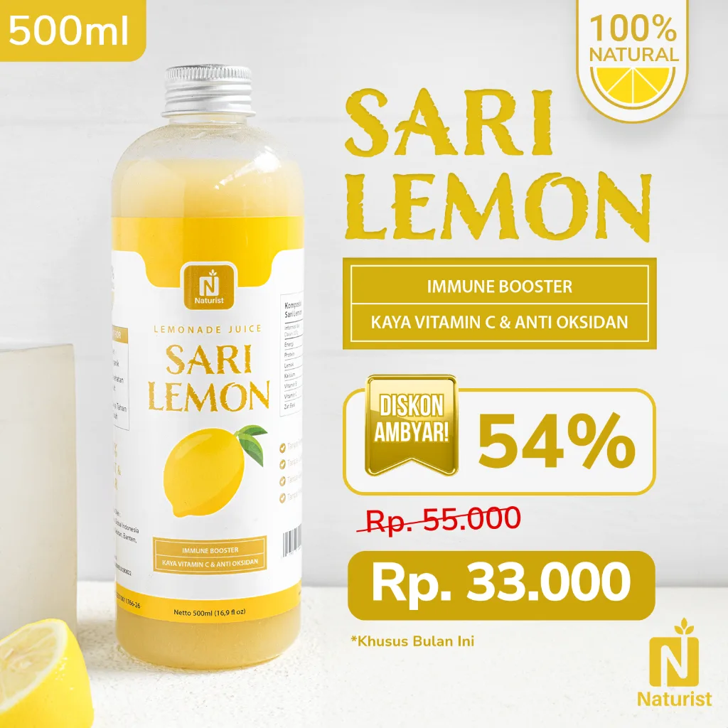 NATURIST Sari Lemon Murni 100% 500ml Lemon Juice Tanpa Gula Perasan Lemon Murni