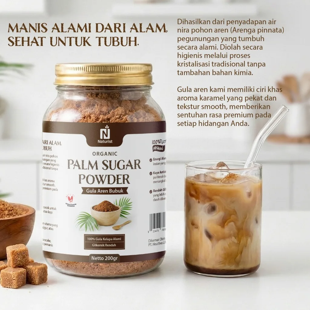 NATURIST Gula Aren Bubuk Organik 200gr Palm Sugar Powder Aren Asli Natural Manis Alami 200gr