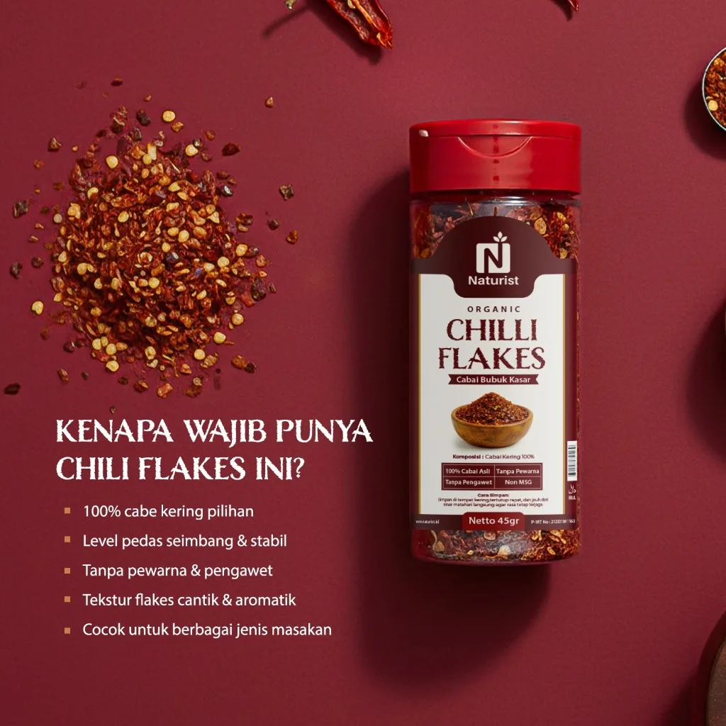 NATURIST Chilli Flakes Cabai Bubuk Kasar 45gr Cabe Bubuk Original Bubuk Cabe Pedas Alami Tanpa MSG