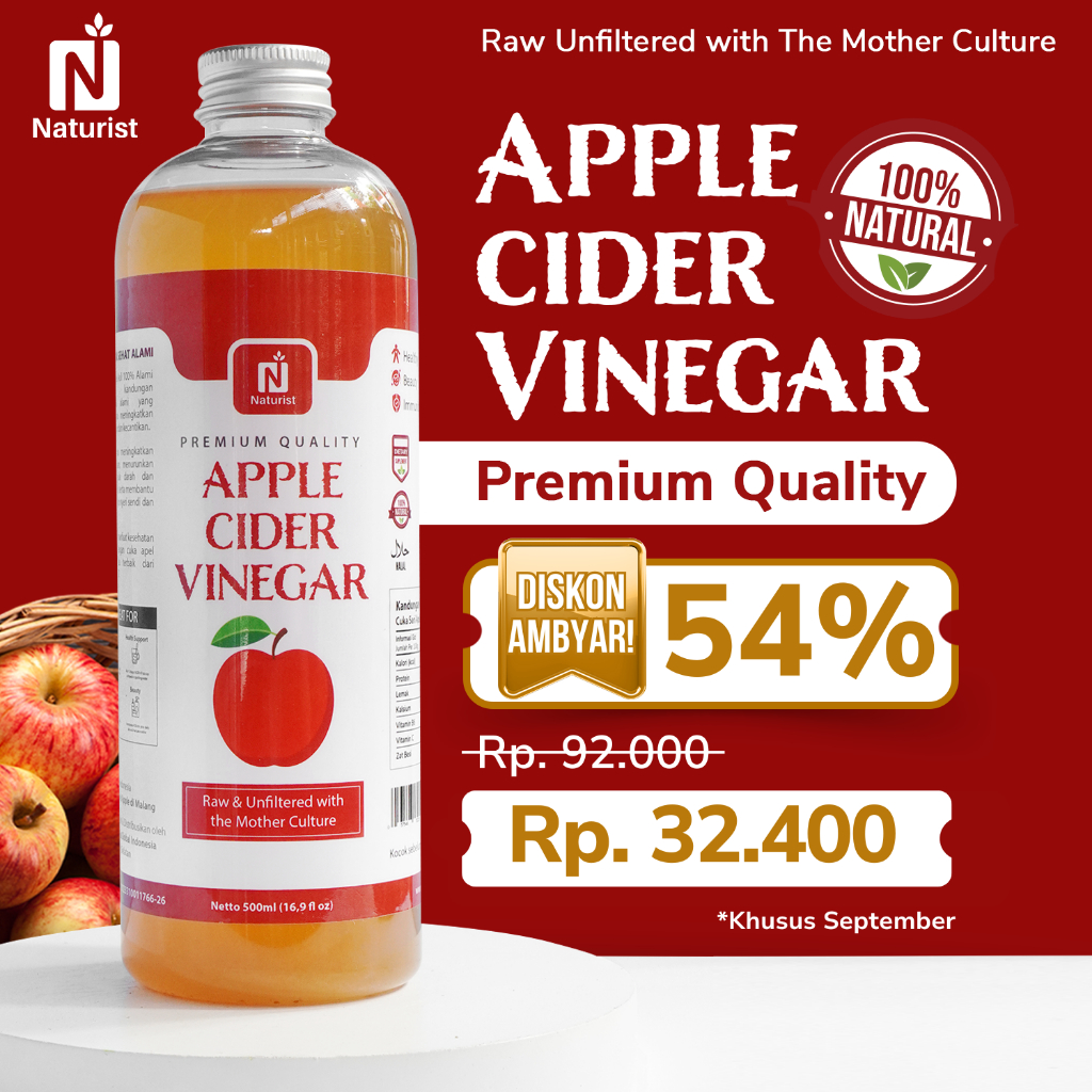 NATURIST Cuka Apel 500ml Apple Cider Vinegar With The Mother Fermentasi Alami Untuk Diet & Detox