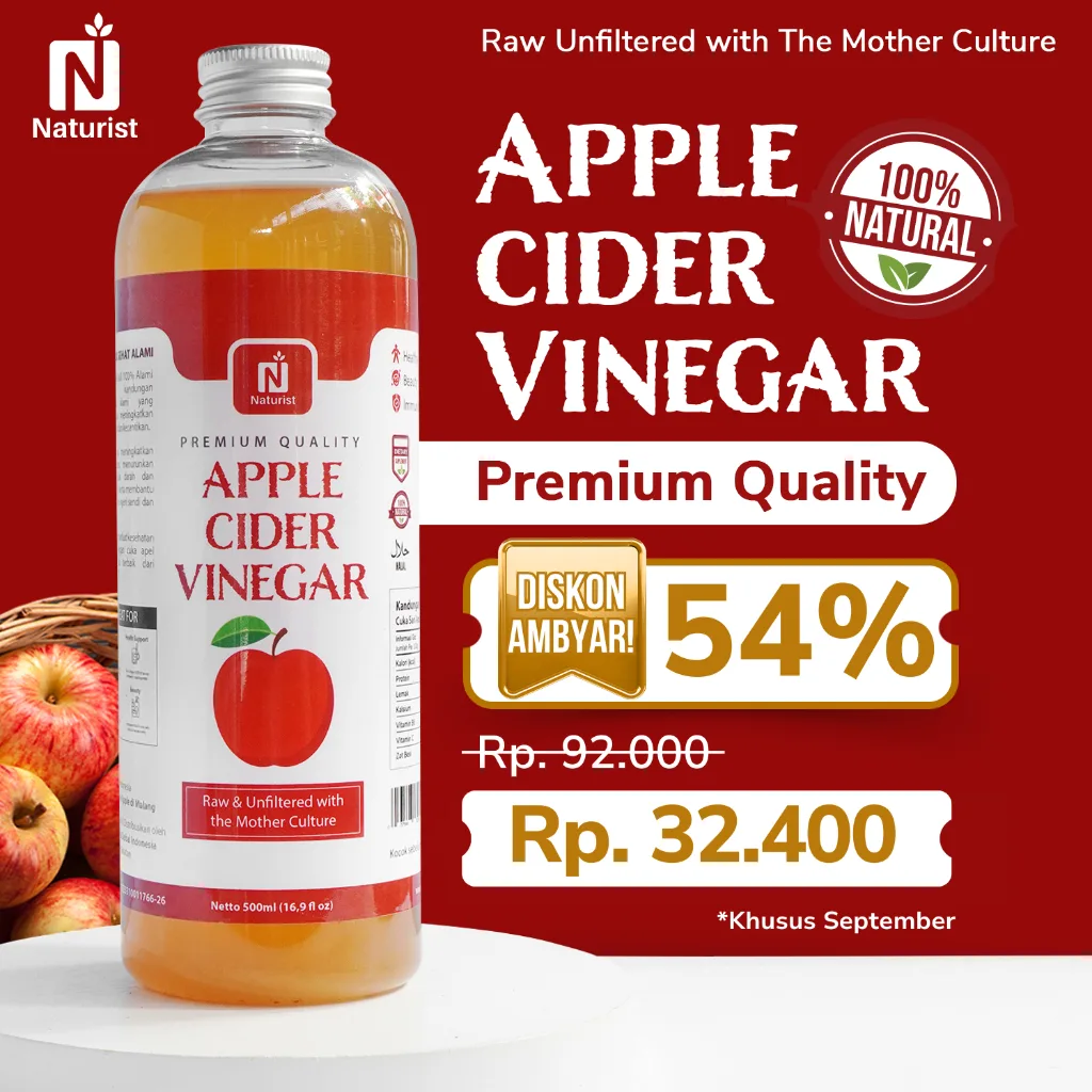 NATURIST Cuka Apel 500ml Apple Cider Vinegar With The Mother Fermentasi Alami Untuk Diet & Detox