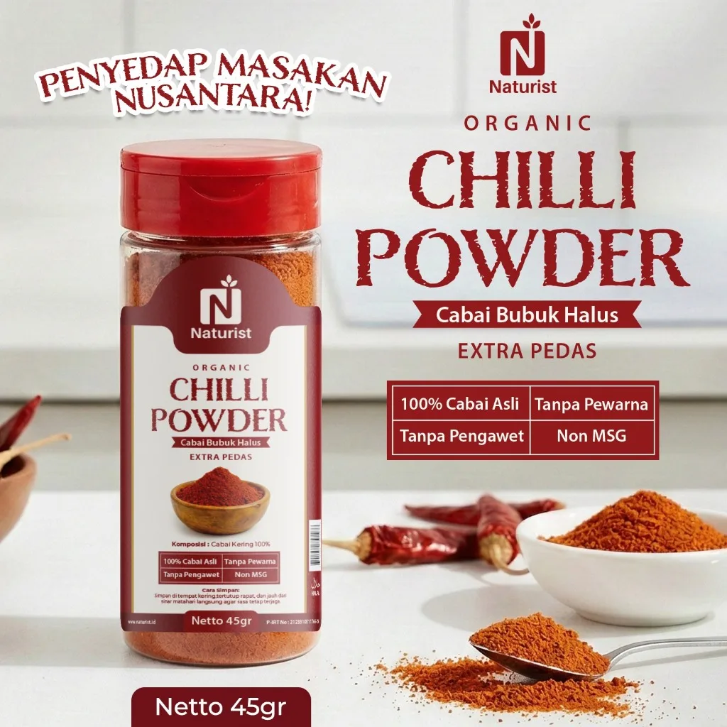 NATURIST Chilli Powder Cabai Bubuk Halus 45gr Cabe Bubuk Original Bubuk Cabe Pedas Alami Tanpa MSG