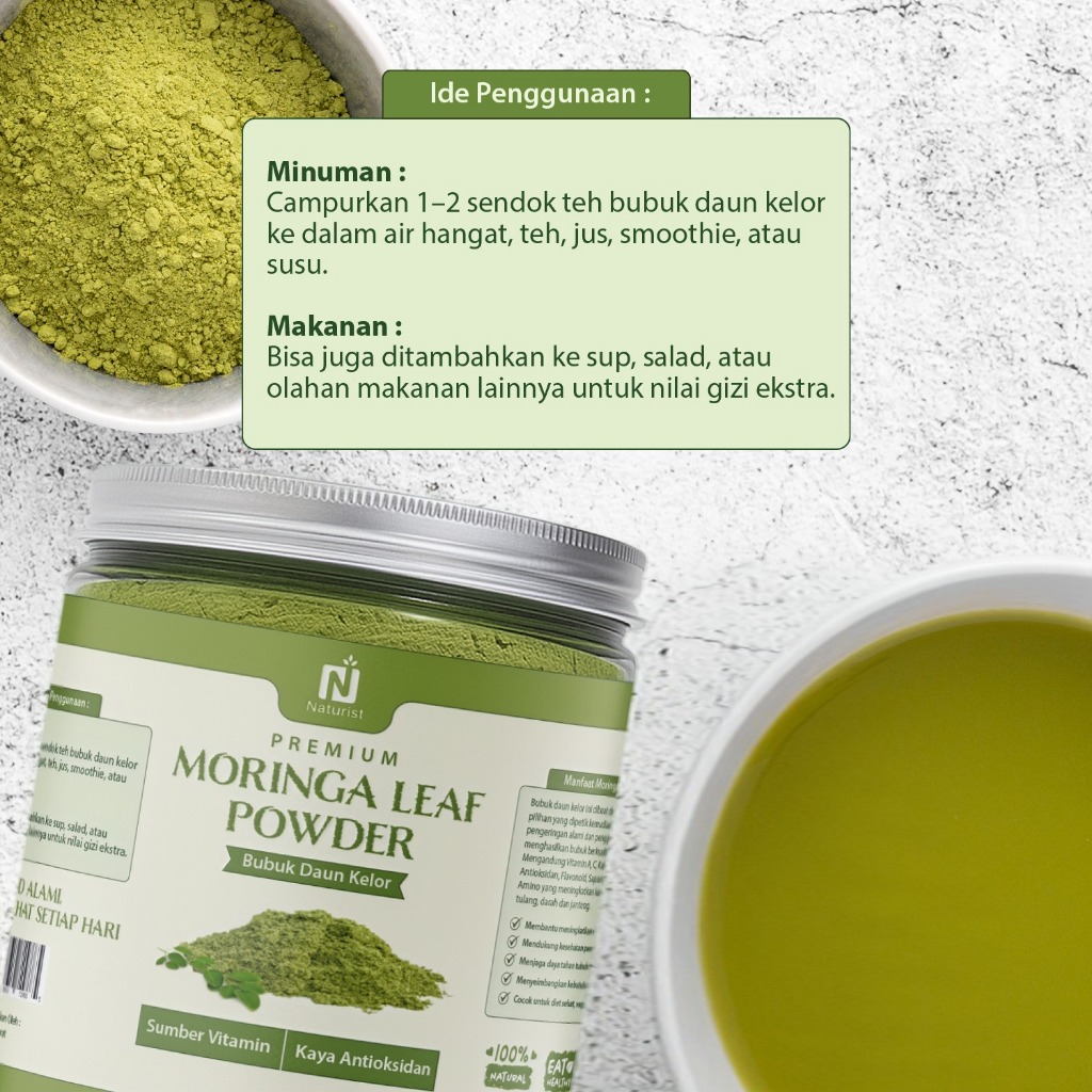 NATURIST Bubuk Daun Kelor Murni Organik Moringa Powder Pure Premium Alami Kelor Bubuk 200gr