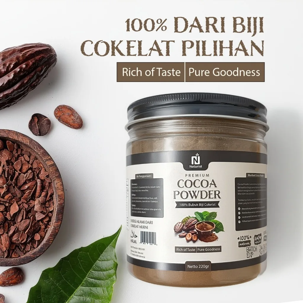 NATURIST Paket Bundling Cocoa Powder 220gr + Stevia Liquid 10ml | 100% Bubuk Kakao Murni | Pemanis Alami Tanpa Gula
