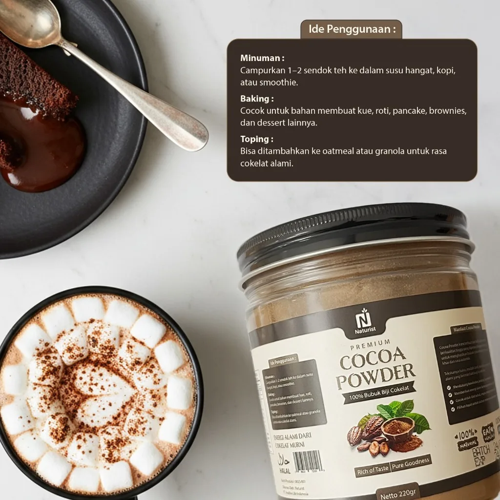 NATURIST Paket Bundling Cocoa Powder 220gr + Stevia Liquid 10ml | 100% Bubuk Kakao Murni | Pemanis Alami Tanpa Gula