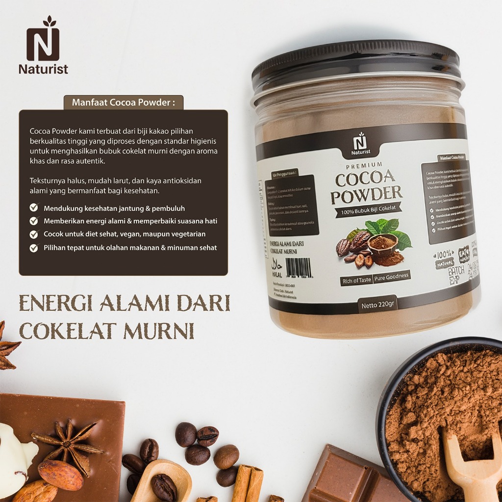 NATURIST Cocoa Powder Pure Premium Cokelat Bubuk 220 Gram Cocoa Powder Tanpa Gula Chocolate Powder