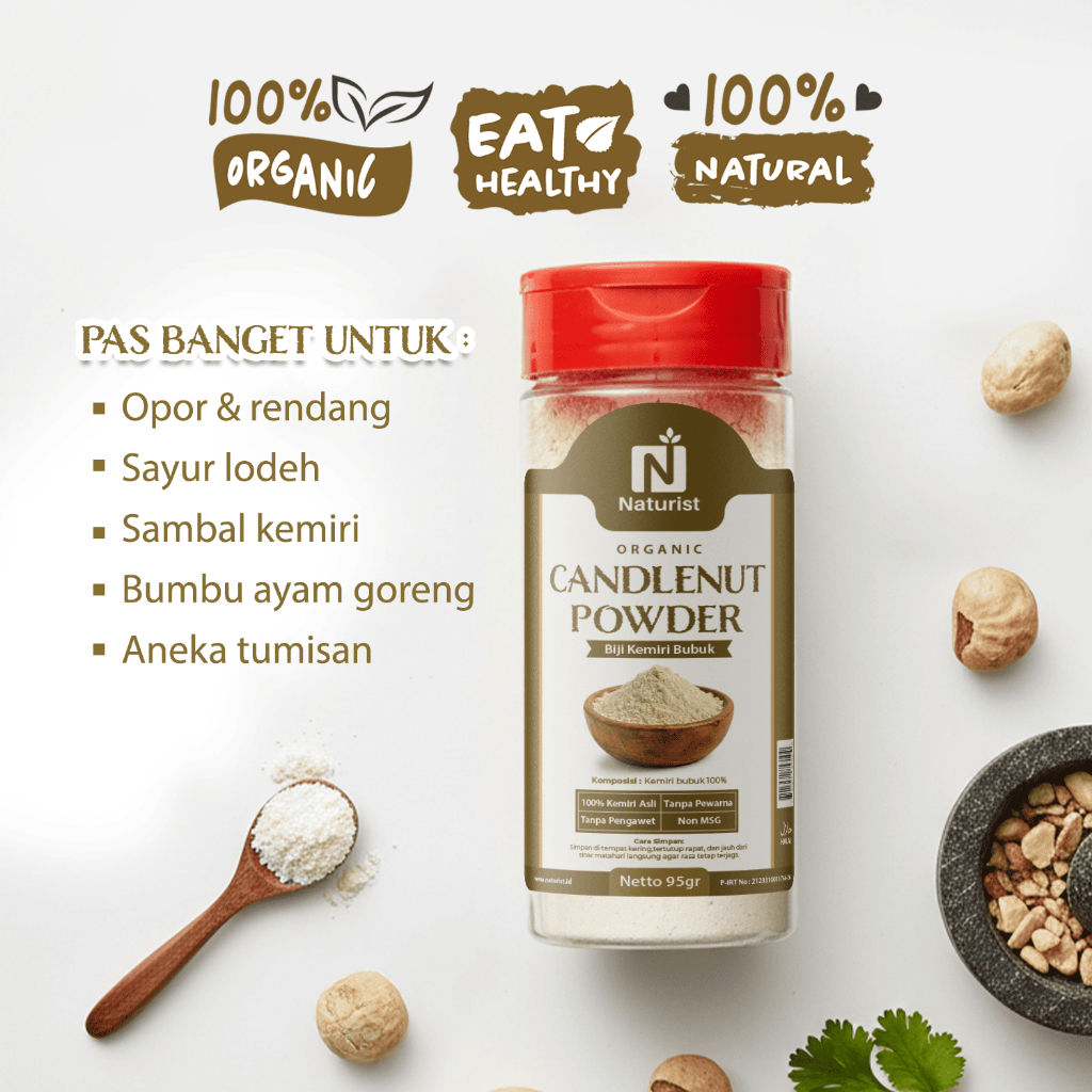 NATURIST Kemiri Bubuk 95gr Premium Candlenut Powder 100% Kemiri Asli Bumbu Masak Gurih Pengental Alami Non MSG