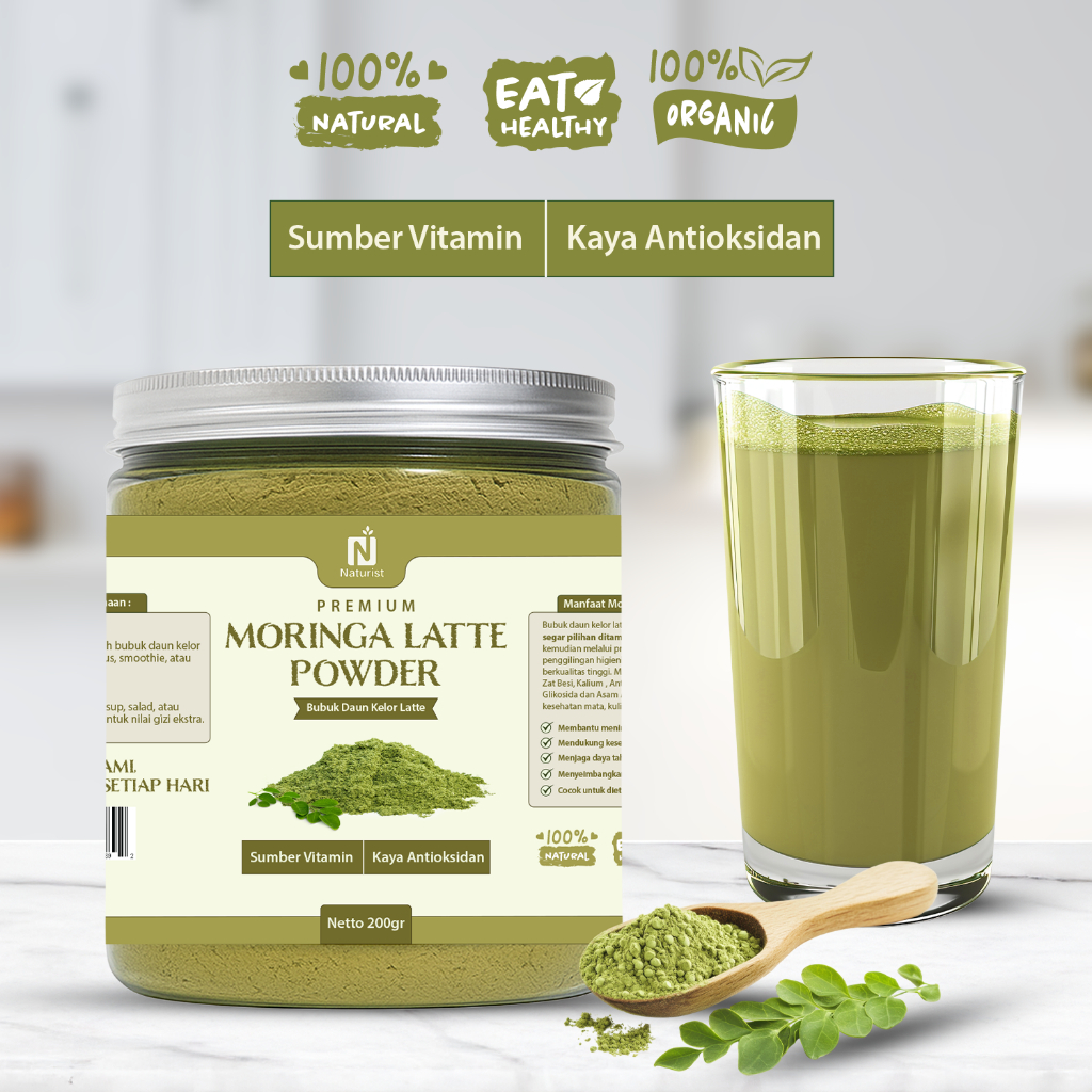 NATURIST Moringa Latte 200gr Minuman Kelor Vegan Bubuk Daun Kelor Bebas Laktosa