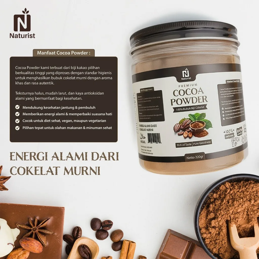 NATURIST Paket Bundling Cocoa Powder 220gr + Stevia Liquid 10ml | 100% Bubuk Kakao Murni | Pemanis Alami Tanpa Gula