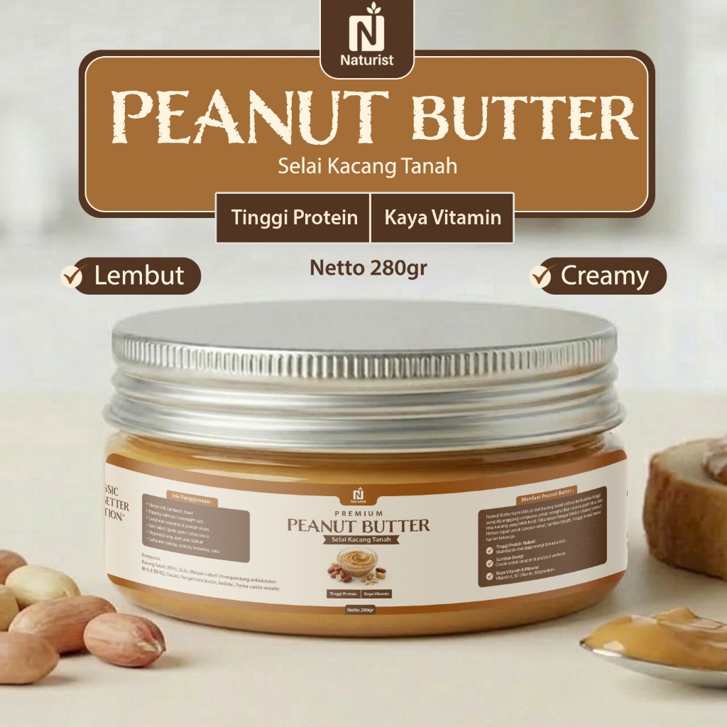 NATURIST Peanut Butter 280gr Creamy Selai Kacang Tinggi Protein Lemak Sehat Tanpa Pengawet Premium