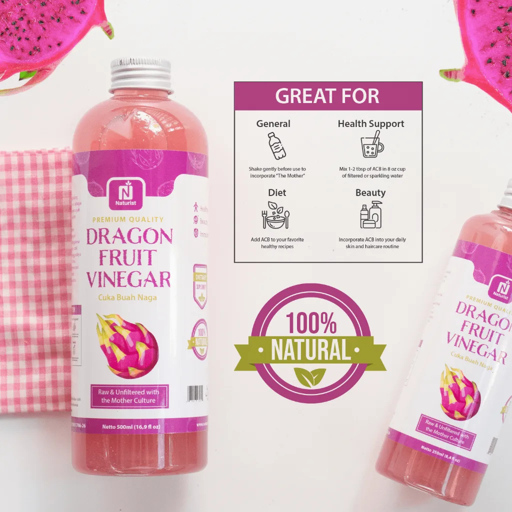 NATURIST Cuka Buah Naga 500ml With The Mother Cuka Fermentasi Alami Asli untuk Detox & Sehat