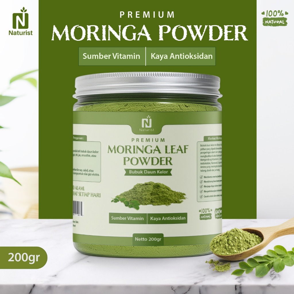 NATURIST Bubuk Daun Kelor Murni Organik Moringa Powder Pure Premium Alami Kelor Bubuk 200gr