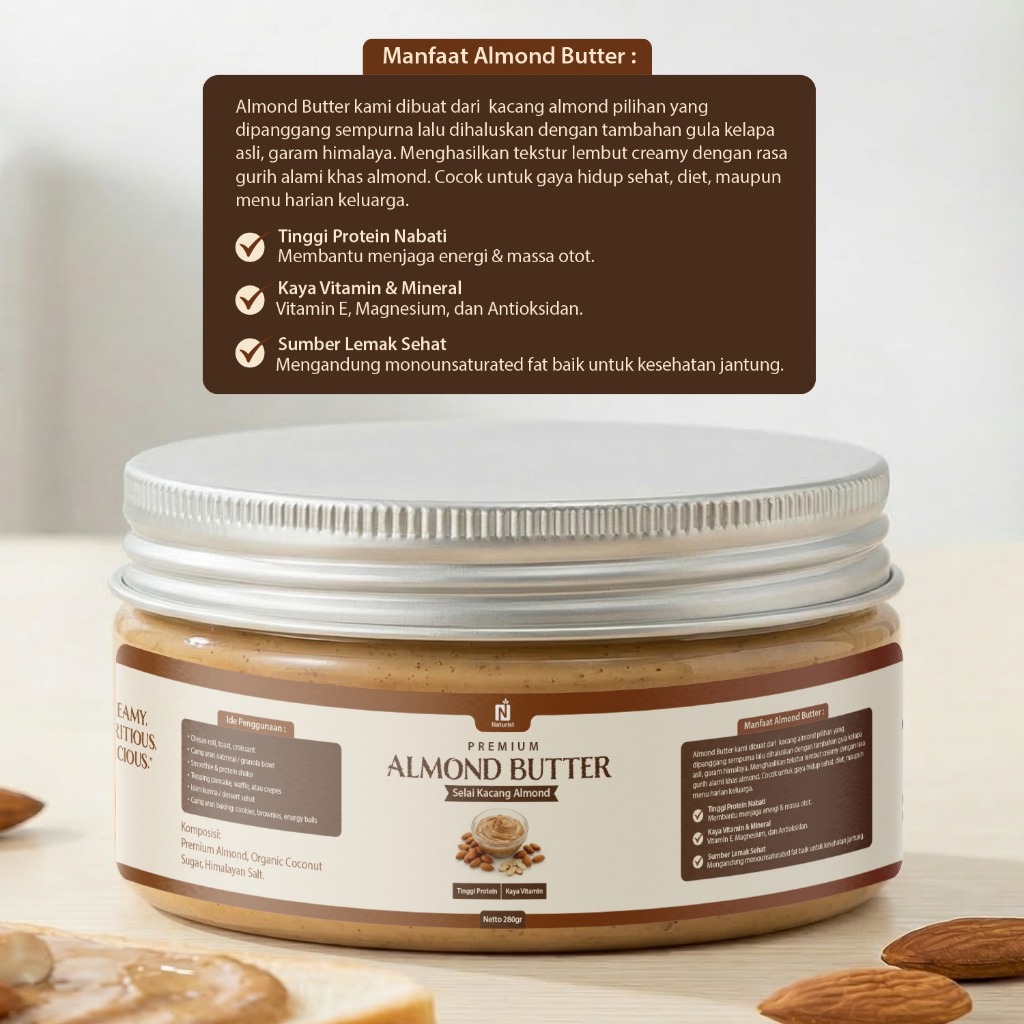 NATURIST Almond Butter 280gr Selai Kacang Almond Creamy Tinggi Protein Lemak Sehat Premium