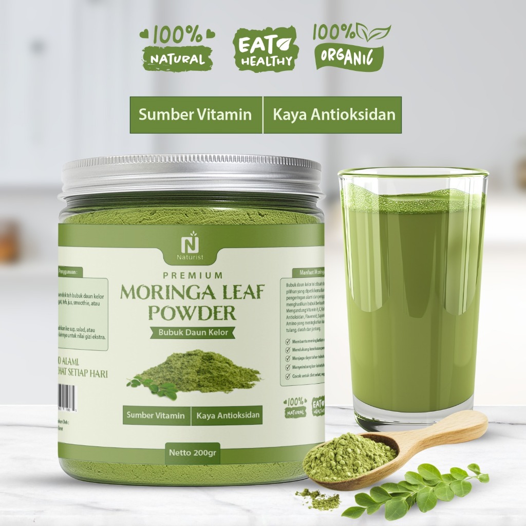 NATURIST Bubuk Daun Kelor Murni Organik Moringa Powder Pure Premium Alami Kelor Bubuk 200gr