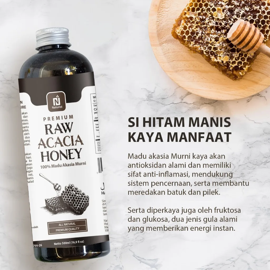 NATURIST Madu Akasia Murni 500ml Madu Asli 100% Raw Honey Tanpa Campuran Baik untuk Daya Tahan Tubuh