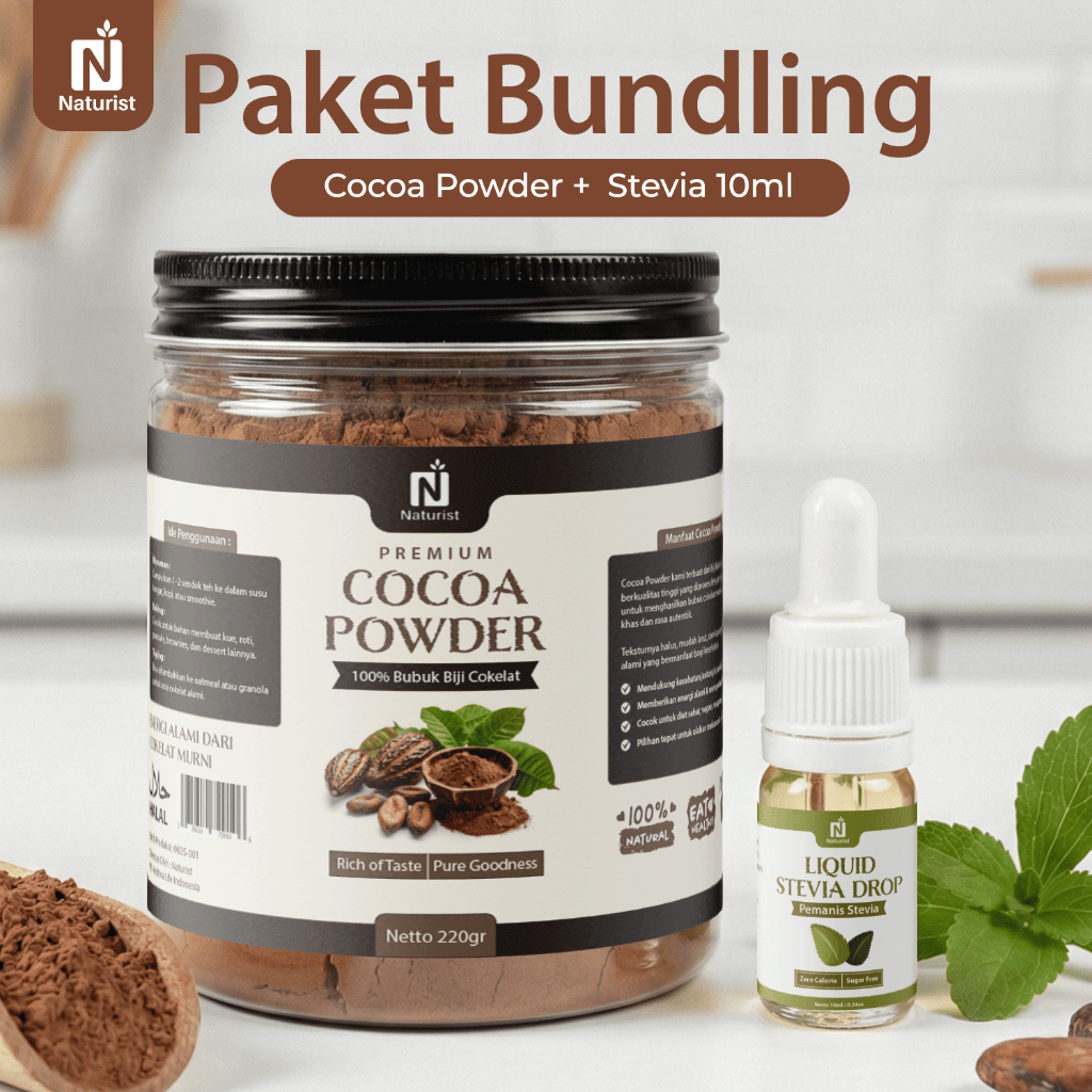 NATURIST Paket Bundling Cocoa Powder 220gr + Stevia Liquid 10ml | 100% Bubuk Kakao Murni | Pemanis Alami Tanpa Gula