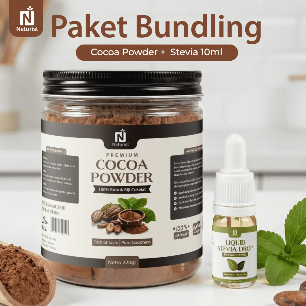 NATURIST Paket Bundling Cocoa Powder 220gr + Stevia Liquid 10ml | 100% Bubuk Kakao Murni | Pemanis Alami Tanpa Gula