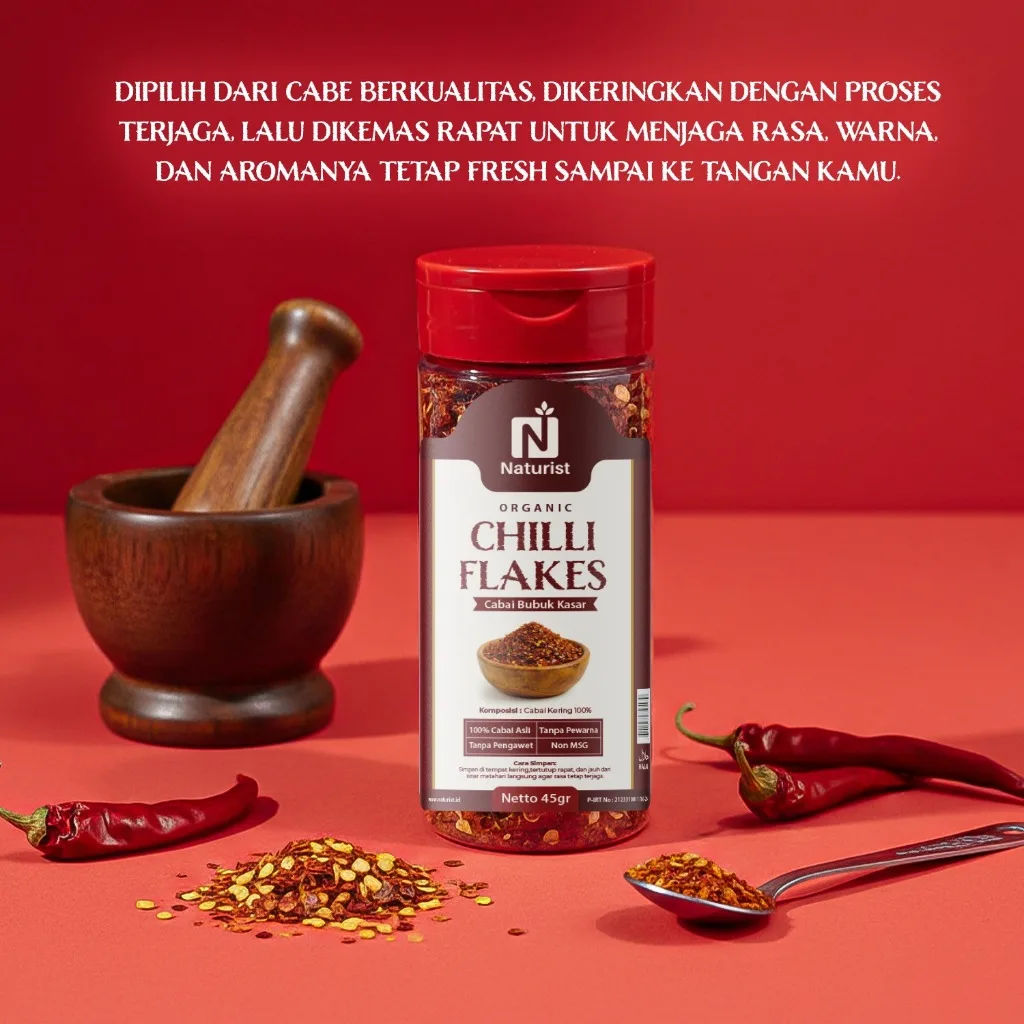 NATURIST Chilli Flakes Cabai Bubuk Kasar 45gr Cabe Bubuk Original Bubuk Cabe Pedas Alami Tanpa MSG