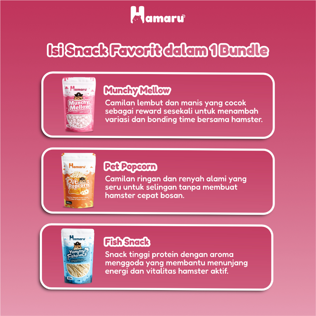 Hamaru Treat Snack Bundle Snack Hamster Protein dan Cemilan Manis Makanan Hamster Paket Komplit (fishsnack,munchmellow,popcorn)