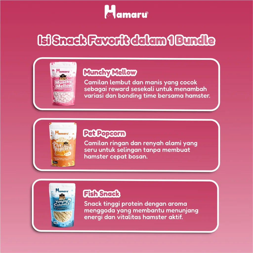 Hamaru Treat Snack Bundle Snack Hamster Protein dan Cemilan Manis Makanan Hamster Paket Komplit (fishsnack,munchmellow,popcorn)