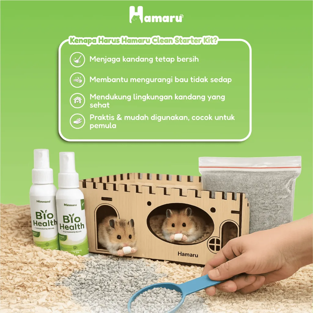 Hamaru Clean Starter Kit Paket Kebersihan Kandang Hamster Pasir Zeolit 1 Bio Health Spray Anti Bau 2 sendok pasir 1 Lengkap