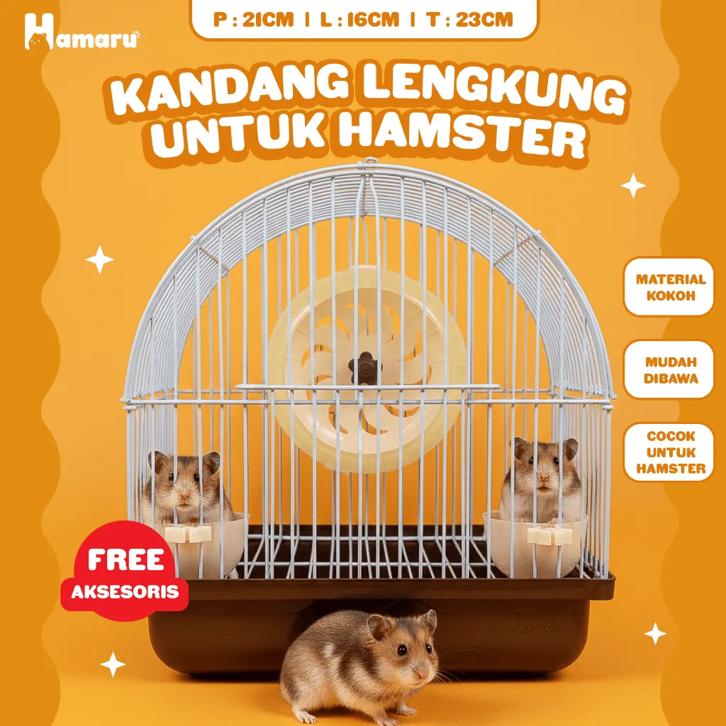 HAMARU Kandang Lengkung Mini Besi Gratis Kincir Wadah Pakan Hamster Marmut Sugar Glider Hewan Kecil