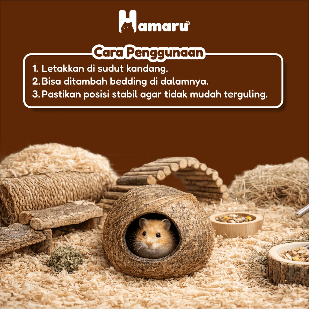 Hamaru Batok Nest Rumah Hamster Batok Kelapa Natural Tempat Tidur & Hideout Hamster Hewan Kecil