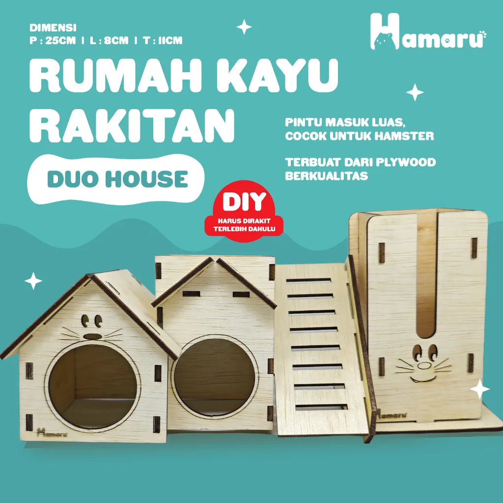 HAMARU Duo House Rumah Kayu DIY Aksesoris Kandang Rumah Tempat Minum Hamster Marmut Hewan Kecil