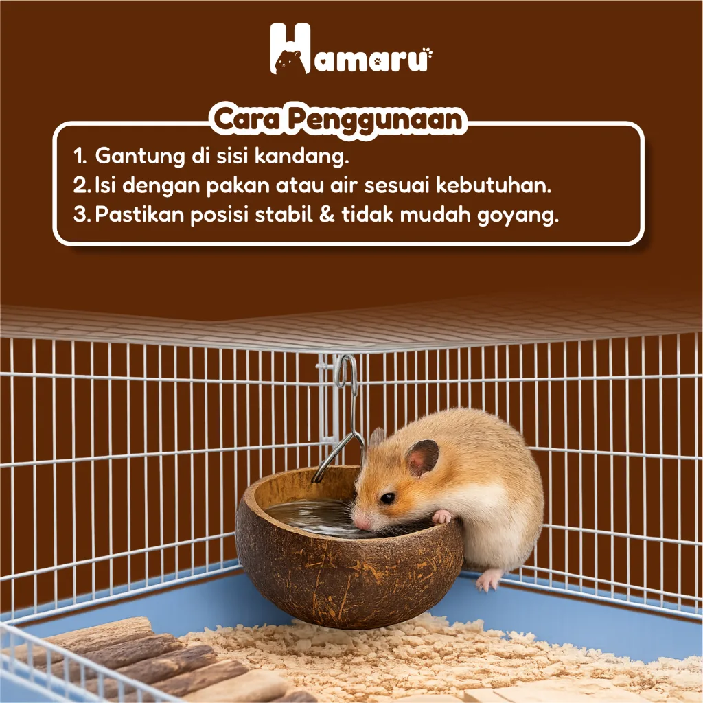 Hamaru Pouch Batok Tempat Makan & Minum Hamster Gantung Batok Kelapa Natural Hamster Hewan Kecil