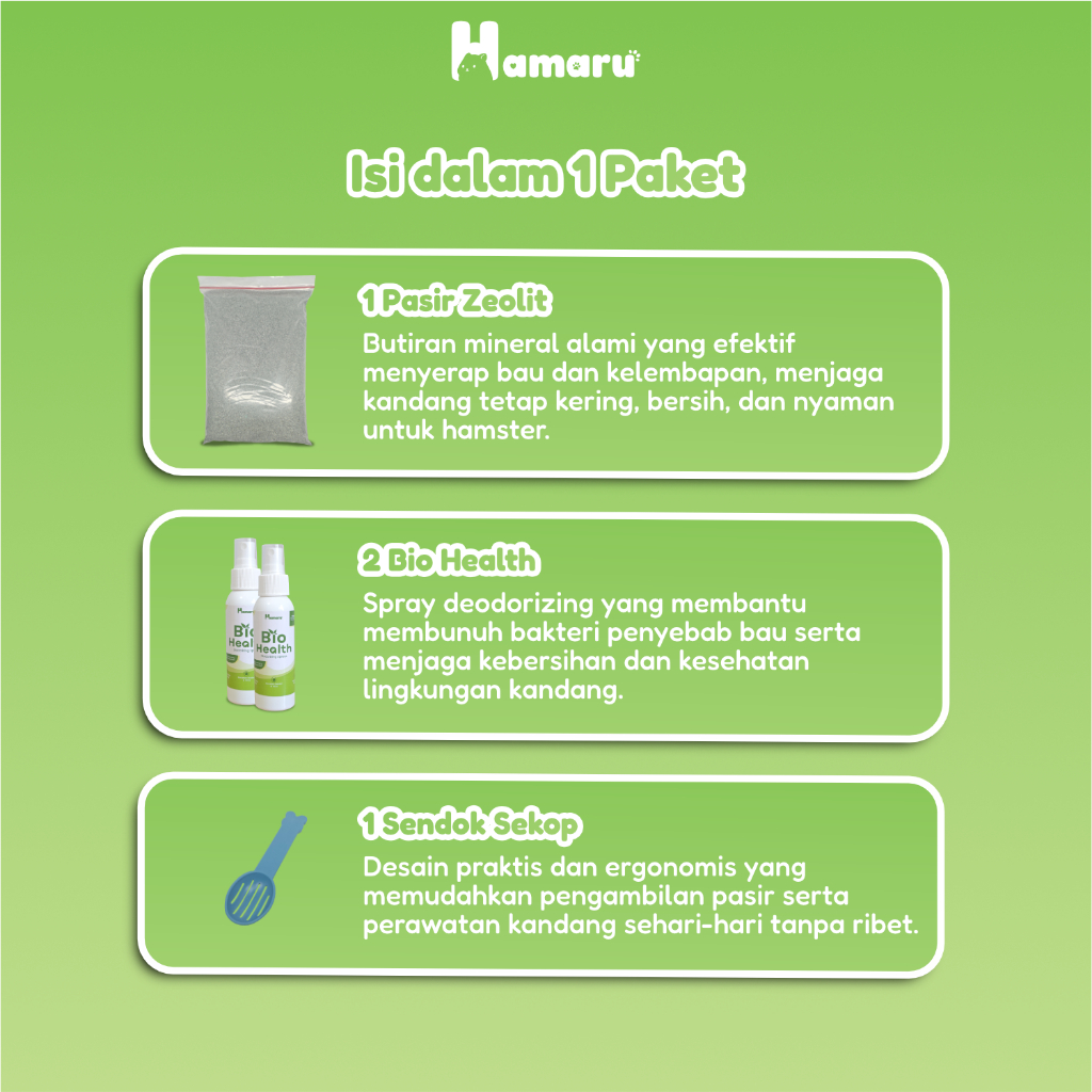 Hamaru Clean Starter Kit Paket Kebersihan Kandang Hamster Pasir Zeolit 1 Bio Health Spray Anti Bau 2 sendok pasir 1 Lengkap