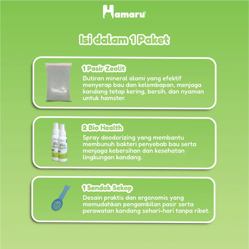 Hamaru Clean Starter Kit Paket Kebersihan Kandang Hamster Pasir Zeolit 1 Bio Health Spray Anti Bau 2 sendok pasir 1 Lengkap
