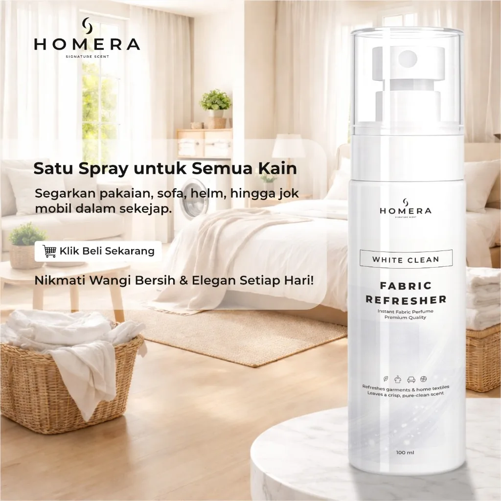 HOMERA Fabric Refresher White Clean 100ml Pewangi Pakaian Penghilang Bau Kain Spray