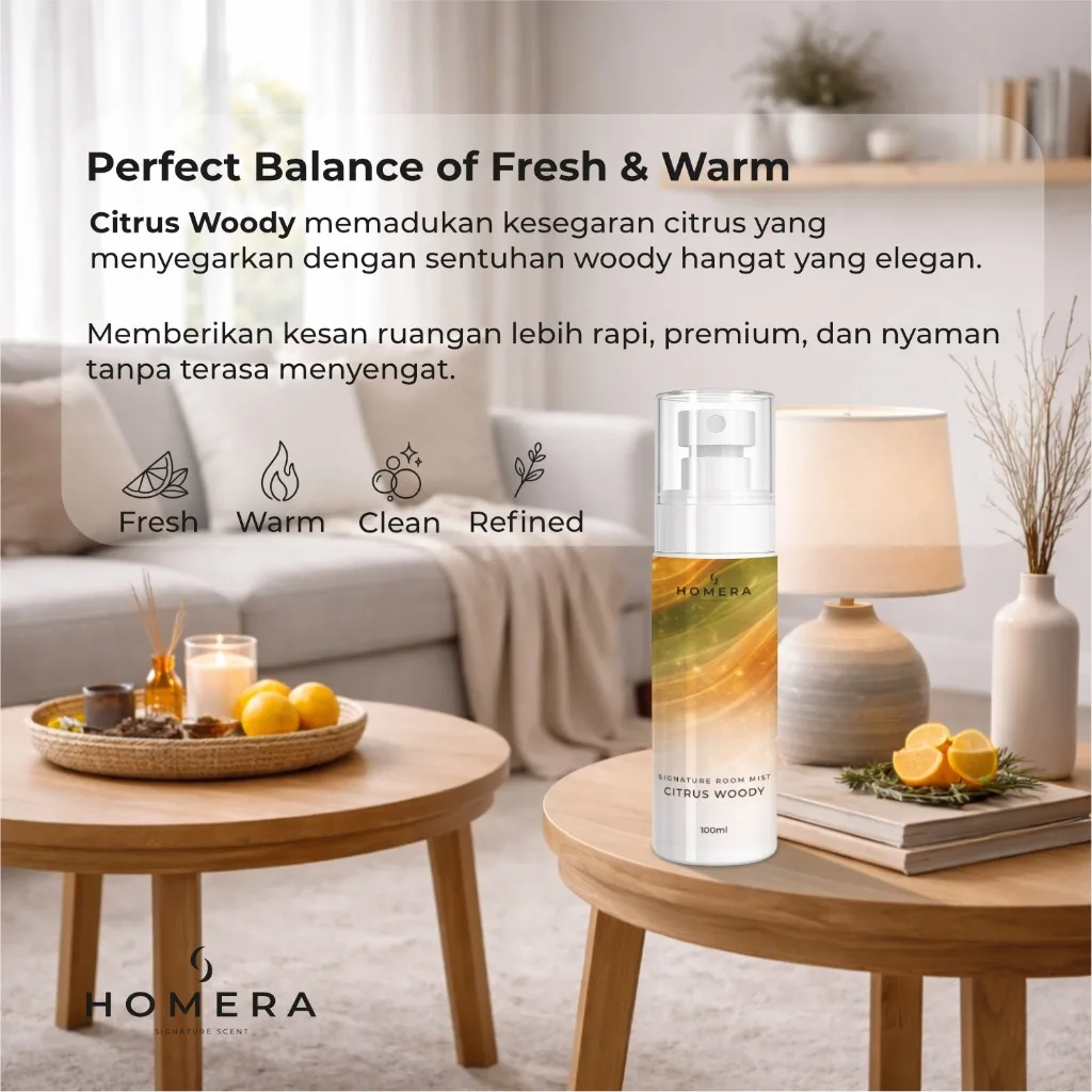 HOMERA Signature Room Mist Citrus Woody 100ml Pengharum Ruangan Premium Tahan Lama