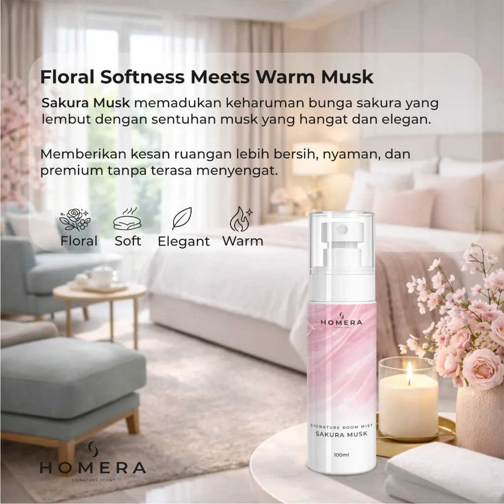 HOMERA Signature Room Mist Sakura Musk 100ml Pengharum Ruangan Floral Soft Tahan Lama