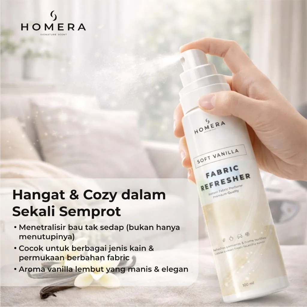 HOMERA Fabric Refresher Soft Vanilla 100ml Pewangi Pakaian Penghilang Bau Spray