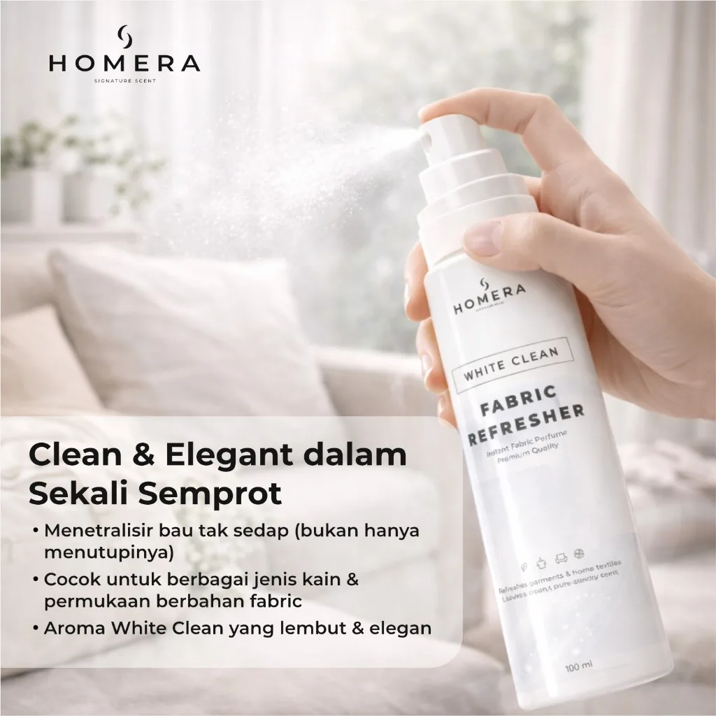 HOMERA Fabric Refresher White Clean 100ml Pewangi Pakaian Penghilang Bau Kain Spray