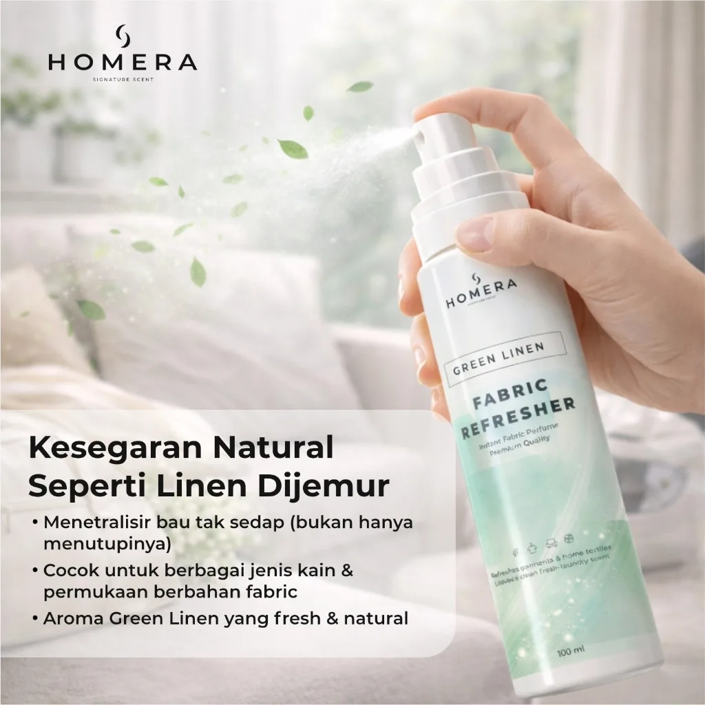HOMERA Fabric Refresher Green Linen 100ml Pewangi Pakaian Penghilang Bau Laundry Spray