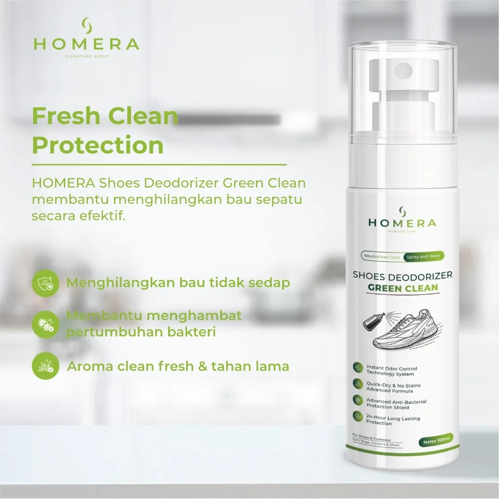 HOMERA Shoes Deodorizer Green Clean 100ml Anti Bakteri Jamur Penghilang Bau Sepatu