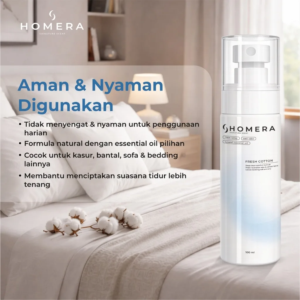 HOMERA Linen Spray Fresh Cotton 100ml Anti Bakteri Pewangi Sprei Antibacterial Pengharum Kamar