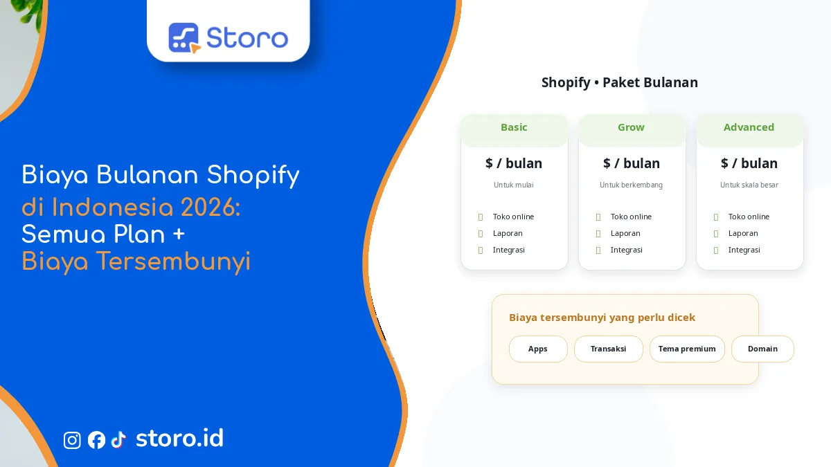 Biaya Bulanan Shopify di Indonesia 2026: Semua Plan + Biaya Tersembunyi