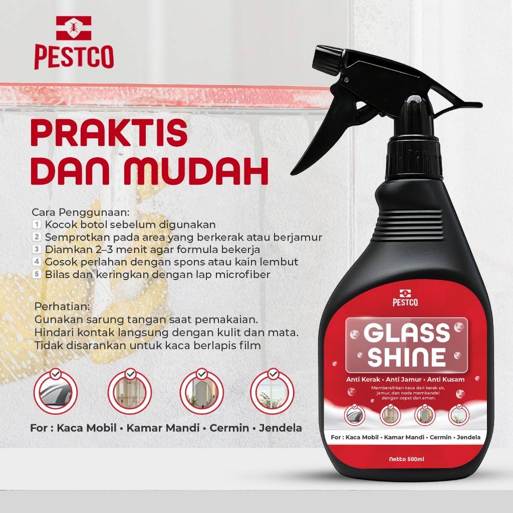 PESTCO Glass Shine Pembersih Kerak Jamur Kaca Mobil Kamar Mandi Cermin Jendela Anti Kusam 500ml