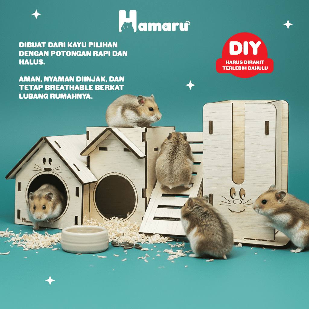 HAMARU Duo House Rumah Kayu DIY Aksesoris Kandang Rumah Tempat Minum Hamster Marmut Hewan Kecil