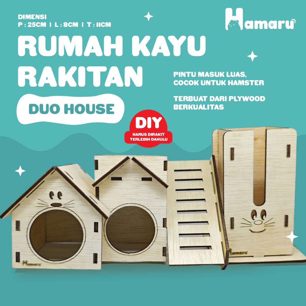 HAMARU Duo House Rumah Kayu DIY Aksesoris Kandang Rumah Tempat Minum Hamster Marmut Hewan Kecil
