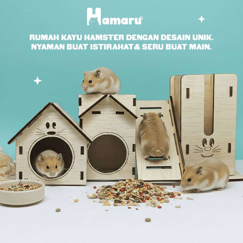 HAMARU Duo House Rumah Kayu DIY Aksesoris Kandang Rumah Tempat Minum Hamster Marmut Hewan Kecil